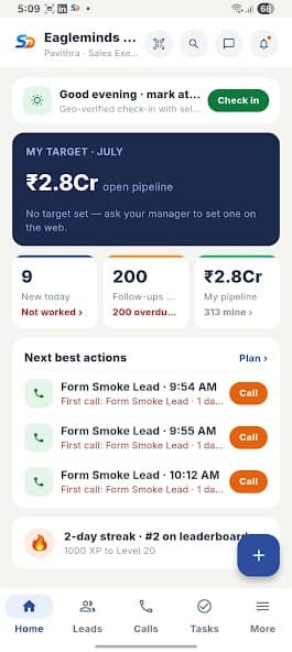 Sales Daddy mobile home with open pipeline value and next best actions