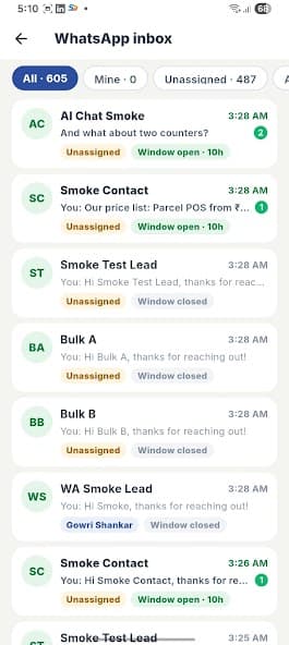 The Sales Daddy WhatsApp inbox — live agent conversations with leads